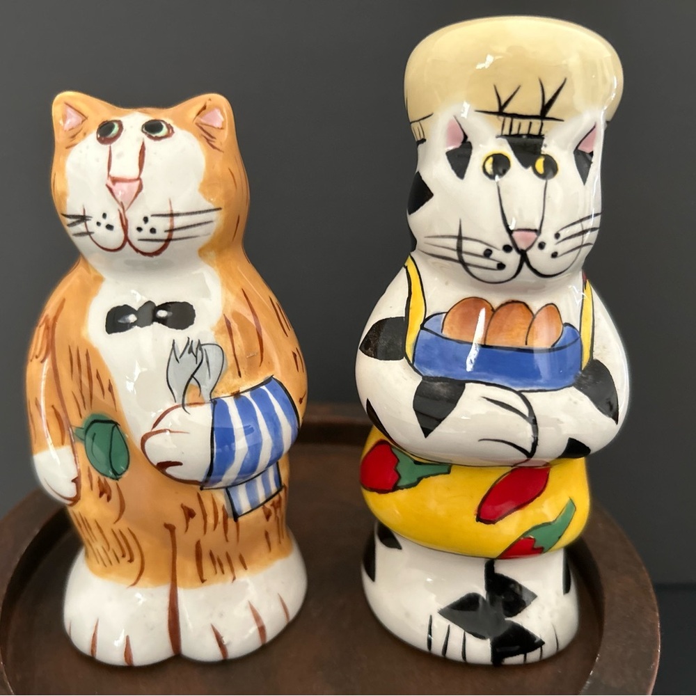 Hand-Painted Ceramic Catzilla waiter and chef ceramic salt & pepper shakers